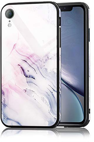 NALIA Tempered Glass Case compatible with iPhone XR, Marble Design Pattern Cover 9H Hardcase & Silicone Bumper, Slim Motif Protective Shockproof Mobile Skin Phone Back Protector, Color:Pink Blue