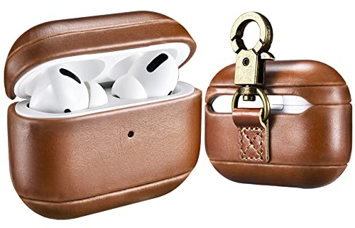 AirPods Pro Case Cover, ICARER Premium Genuine Leather Vintage Portable Shockproof Protective Cover with Keychain for Apple AirPods Pro AirPods 3 2019 (LED Visible) Support Wireless Charging (Brown)