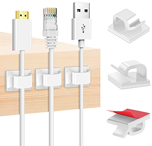 Adhesive Cable Clips White (60 PCS), Upgraded Wire Clips for Cable Management, Strong Extension Cord Clips Wire Holders for The Wall, Under Desk, Led Strip, Electric Wires, Ethernet Cable Clips