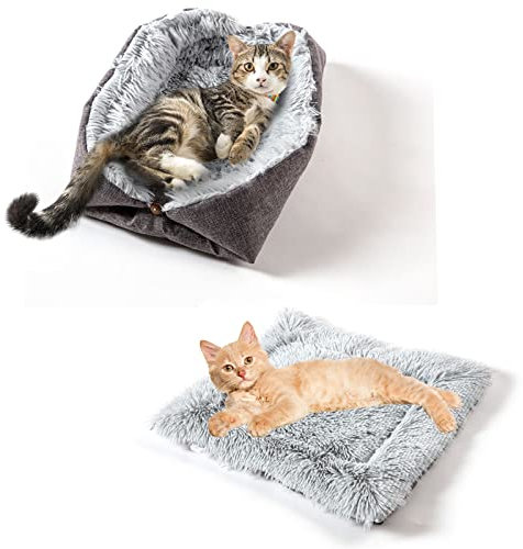 TUAKIMCE Cat Bed for Indoor Cats, 2 in 1 Plush Cat Blanket Cat Cushion Bed Kitten Bed Soft Warm Washable Foldable Sleeping Bag Mat Blanket for Kittens Puppy Cat Small Dog, light gray