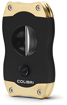 Colibri Cortador de puros con corte en V | Acabado en color dorado negro y cepillado | Liberación cargada por resorte | Corte en V profundo de 7 mm - Hasta 60 cigarros con calibre de anillo