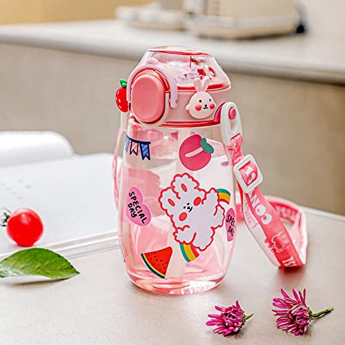 A/A Kawaii Bouteille d'eau avec autocollant, gourde de sport, tasse de paille et sangle en plastique dégradé de couleur (rose, 416 ml)