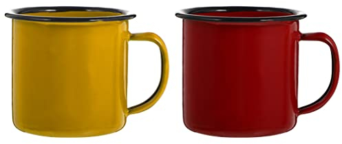 DOITOOL Mugs Set of 2 - Vintage Enamel Mug Camping Mug, Durablee Tea & Coffe Mug Set for Home, Kitchen, and Office - Mini Stoneware Mug(Red and Yellow)
