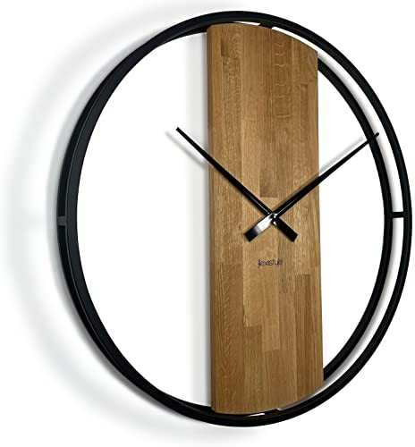 FLEXISTYLE Wanduhr groß ohne tickgeräusche LOFT OVAL Metall schwarz 3D XXL modern Holz Badezimmer Wohnzimmer (80cm Durchmesser) Natur Eiche