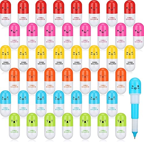 KAHEIGN 48 Pièces Mini Stylos à Bille Rétractables, 6 Modèles Visage Souriant Forme de Pilule Stylo à Bille Faveur de Dessin Animé Mignon pour L'école Maternelle Home Write