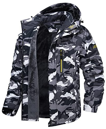 MAGCOMSEN Herren Outdoorjacke Winter Warm Skijacke Winddicht Wasserdicht Trekkingjacke Männer Fleece Gefüttert Wandern Jacke Verdickt Softshell Funktionsjacke mit Kapuze Schwarz-Camo L