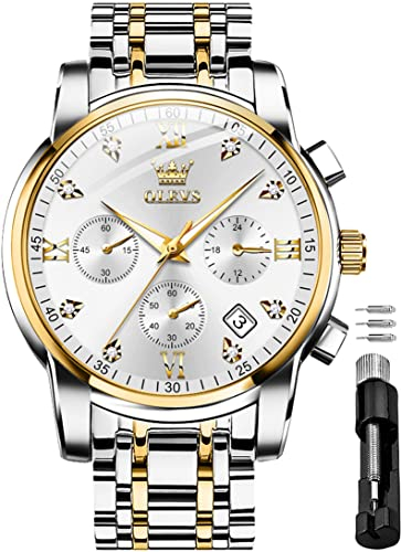 OLEVS Herrenuhren Weiß Edelstahlarmband Quarz Uhr Männer mit Diamant Datum Wasserdicht Leuchtende Klassische Elegantes Armbanduhr Geschenk