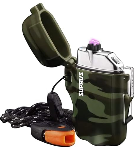 SUPRUS Waterproof Lighter 3 Modes of Flashlight Windproof Lighter Dual Arc Electric Lighters Rechargeable Dual Arc Plasma Lighter with Survival Emergency Whistle and Lanyard Camouflage