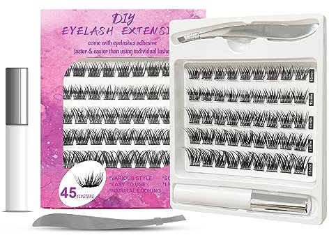 CNMTCCO Individual Lashes, Cluster Lashes, D Curl 45 Clusters DIY False Eyelashes, Individual Reusable Soft Natural Easy Fan Russian Lashes Eyelash Extensions, Clear Glue Individual Eyelashes, 10-16mm