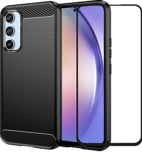 Folmecket Samsung Galaxy A54 5G Fall, Screen Protector Carbon Fiber Kratzfest, Stoßdämpfung Weiche TPU Gummi Schutz Handy Abdeckung für A54 5G 2023 6.4 Schwarz