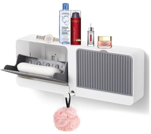 PEFWO Porte-savon mural 2 en 1 avec crochets, sans perçage, auto-drainant pour garder les barres de savon sèches, convient pour la douche, la salle de bain et la cuisine (gris)