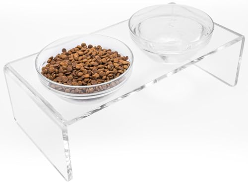 Gamelles surélevées en acrylique pour chien et chat - Double gamelle surélevée - Livré avec 2 bols en verre amovibles et 2 gamelles en acier inoxydable - Parfait pour les grands chiens, 18,3 cm de
