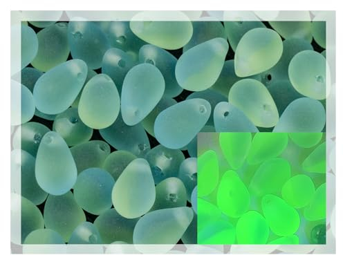 Czech 50-Piece Glass Beads, 6x9mm, Teardrop Glow Under Blacklight Transparent Blue Green Matte