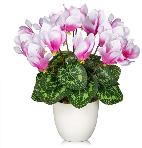 Oairse Artificial Cyclamen Flowers Plant Potted Fake Silk Flowers Plants in White Pot Faux Pink Cyclamen Flower Arrangement Home Decor Office Bathroom Shelf Desk Decoration