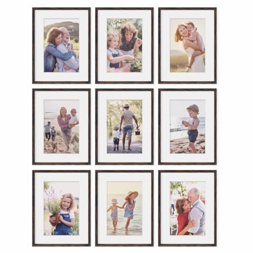 PHOTOLINI Bilderrahmen 30x40 Holz MDF Eiche Dunkel, 9er Set Bilderrahmen 40x30 mit Passepartout, bruchsicheres Acrylglas, Rahmen 30 x 40 zum Aufhängen, extra Zubehör - Rahmen 30x40 für Fotos & Poster