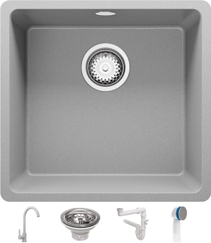 Fregadero bajo Encimera Gris 46x44cm, Granito 1 Seno + Sifón + Grifo, Al mueble 50cm - Venecia Easy de Primagran