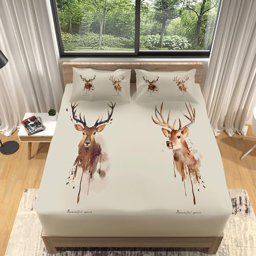 Spannbettlaken Tier-Hirsch-Doodle Druck Spannbetttücher 90x190 Bettlaken Mikrofaser Spannbetttuch Boxspringbett - Tiefe Tasche 30 cm mit 2 Kissenbezügen für Kinder Jugendliche