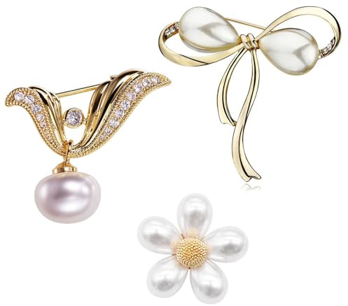 SSyang 3 pcs Broche Bowknot Broche Perle Bowknot Artificielle,Broche Bowknot Vintage pour Femmes Broche de fixation de vêtements,pour la Fixation de Pull,Châles et Robes,Cadeaux pour Les Filles (Or)