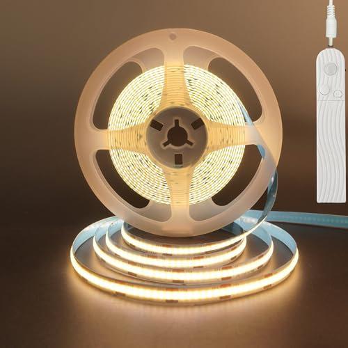 Clearhill 5V COB LED Strip Lights With PIR Movement Sensor,Time-Delay Adjustable,Two Power Supply Ways,battery powered(no battery),9.84FT/3M,Warm White 3000K,320LEDs/M,8mm Width,for Cabinet