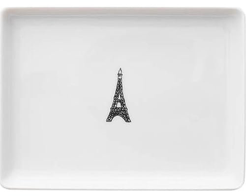 DEGRENNE Mini plat Tour - Assiette à dessert en porcelaine blanche - Petit plateau de service pour collations et fruits - Vaisselle moderne - Motif Tour Eiffel - Fabriqué en France - 16 x 11,9 cm