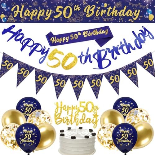 50th Birthday Decorations for Men - Navy Blue Gold Party Set With Happy Banner, Triangle Flag Banner, Confetti and Latex Balloons