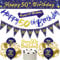50th Birthday Decorations for Men - Navy Blue Gold Party Set With Happy Banner, Triangle Flag Banner, Confetti and Latex Balloons