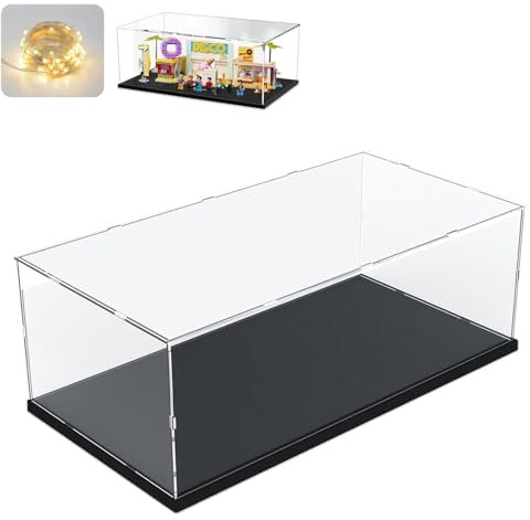 Thickened Clear Acrylic Display Case for Lego 2022 Ford GT 42154 for Lego BTS Dynamite 21339 for Funkos 42669 42160 10300 Collectibles Transparent Box with String Light, Black Inside 17.7x9.8x7.9inch