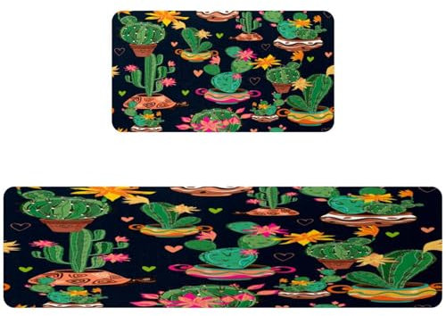 VAPOKF 2 tappetini da cucina con piante di cactus con fiori, antiscivolo, lavabili, assorbenti, per cucina, corridoio, lavanderia