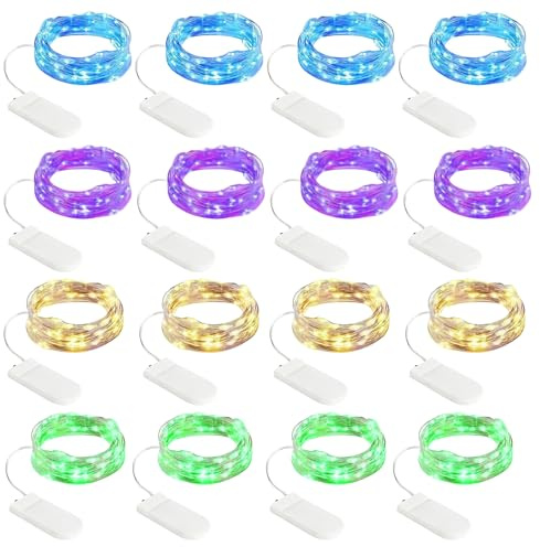 WIYETY Led Lichterkette mit Batterie 16 Stück 4 Farben Mini Led Lichterkette, 2M 20 LEDs Lichterkette Außen Batterie für DIY, Party, Flasche,Geschenk Deko,Hochzeit, Party,Weihnachten