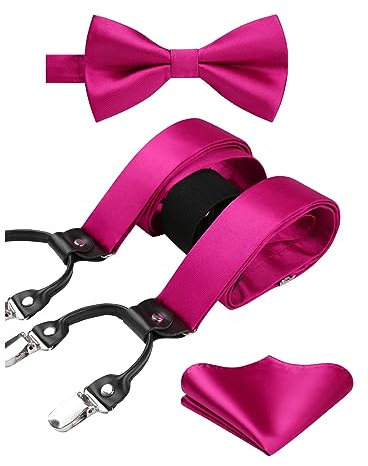 HISDERN Hosenträger Herren Fuchsie mit 6 Extra Stark Clips Y-Form Hosenträger Fliege Set und Einstecktuch Elastisch 130 cm Längenverstellbar für Männer
