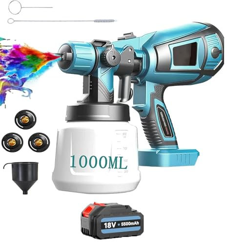 ANUPTTA Farbsprühsystem, Ersatz für Makita, mit 1x5500mAh Akku und Ladegerät, Lackierpistole zum Streichen von Wänden, Decken, Möbeln, Gartenzäunen, Sprühgerät 1000ml Abnehmbarer Behälter