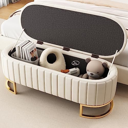 Goeria Stauraum-Schlafkoffer und Fußbank, Sofabank Bank, gepolsterte Fußbank mit Stauraum, Samtstoff (Beige, 120x40cm)