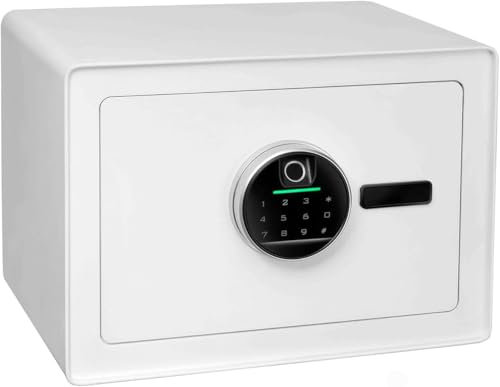 Floordirekt Tresor Murowa Möbeltresor Safe mit Fingerabdruck Sensor - 25 x 35 x 25 cm, Weiß - elektronisches Zahlenschloss, Kombinationsschloss - Wandtresor für Zuhause mit Verriegelungsbolzen