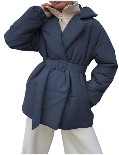 Daunenjacke Damen Winter Warm-Winter Puffer Mäntel Für Frauen Trendige Langarm Offene Front Down Jacken Einfarbig Casual Leichte Thermische Outwear Mit Gürtel Frauen Mantel Mit Fell Kragen