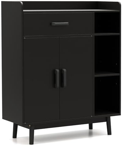 TANGZON Sideboard Storage Cabinet, 2 Doors Floor Cupboard with Storage Drawer, Adjustable Shelves & Anti-Tippling Device, Wooden Side Cabinet Organiser for Kitchen Dining Living Room Hallway (Black)