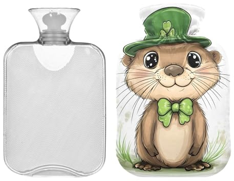 Cute Cartoon Otter Hot Water Bottle with Cover, Transparent Hot Water Bag for Hot and Cold Compress, Period Warmer for Cramps 1L