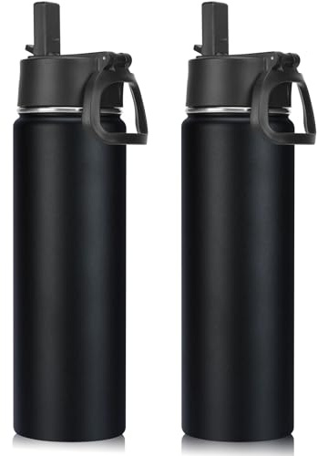 Neihepal 22 oz Insulated Kids Water Bottle with Straw Lid Bulk 2 Pack,Reusable Double Wall Vacuum Metal Flask Keeps Cold and Hot,18/8 Stainless Steel Sports Bottles for School & Travel(Black,2 Set)
