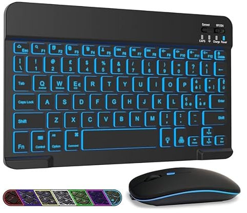 LAMA Clavier et Souris sans Fil rétroéclairés 7 Couleurs, Clavier Universel Ultra Fin Rechargeable, Clavier Bluetooth Portable pour iPad/Tablette/iOS/Android/Windows/téléphone, Rétroéclairage Noir