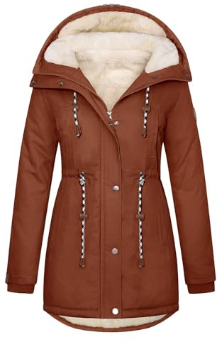 Xnova Damen Wintermantel Fleece gefütterter Parka Mittlere | Warm Teddyfleece Mäntel Draussen Winterjacke mit Kapuze, Taschen, Verstellbare Kordelzüge, Winddichte Baumwolle