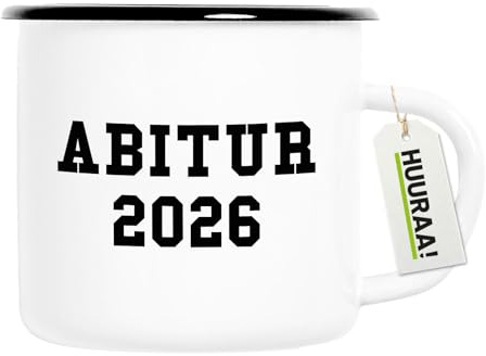 Huuraa Emaille Tasse Abitur 2026 ABI Geschenk | 300ml Becher Weiß mit Schwarzem Rand Vintage Campingbecher Geschenkidee Kaffeetasse als Wohnwagen Zubehör Campingtasse