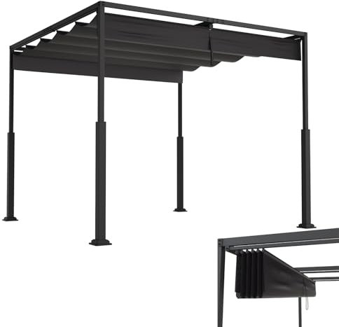 LZQ Pergola Gazebo 3 x 3 m con robusto telaio in acciaio e tetto apribile regolabile, tetto in poliestere rivestito in PA, protezione solare resistente alle intemperie per giardino e terrazza (nero)