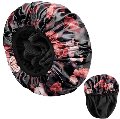 BHAHB Luxury Shower Cap Reusable Terry Cloth Lined EVA Triple Waterproof Layer Elastic Hair Bath Caps for Women Girls Cute (U1-Rose)