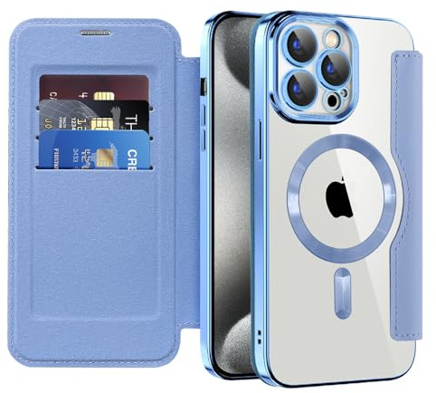 QIWEIQING Case for iPhone 15 Pro with Card Holder. Peak Blue JDC | Compatible with MagSafe, RFID Blocking, Shockproof, Premium Leather Flip Wallet Cover, Magnetic Clear Silicone Back