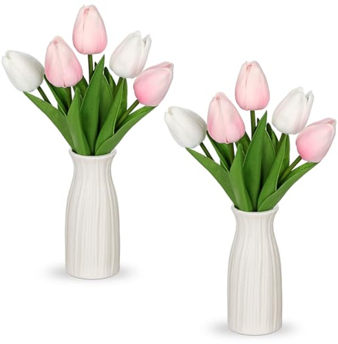 Briful Kunstblumen Künstliche Tulpen Blumen Wie Echt Real Touch Tulpen, Höhe 30 cm, mit Vase aus Keramik, Deko Kunstpflanze (Weiß Rosa)