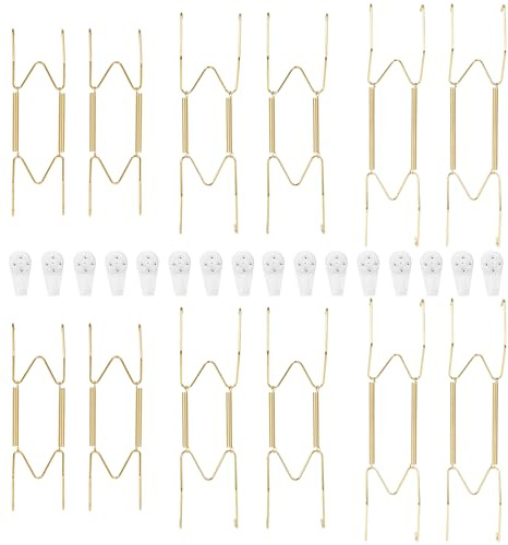 Jimcairy 12 Pack Invisible Wall Plate Hangers, 6 8 8 Brass Plate Holders with 16 Wall Hooks