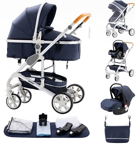ALYIKOU Kinderwagen 3 in 1, Kombikinderwagen bis 25 kg Zusammenlegbar Reise-System Aluminiumrahmen für Neugeborene schwarz