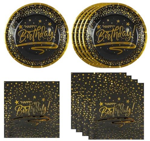 50 Stück Pappteller und Servietten Geburtstag Partygeschirr Set, Schwarz Gold Punkte Partyteller Servietten Einweg Kindergeburtstag Tischdeko für Geburtstag Deko Mädchen Junge Frau Mann (Schwarz Gold)