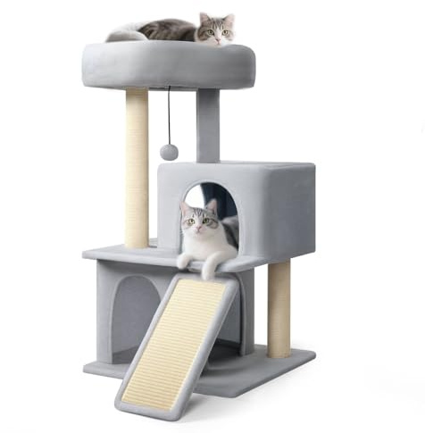 Skylos Cat Tree 90cm Cat Tower for Indoor Cats, Double Condo with Removable Spacious Perch, Padded Top Platform & Full Wrapped Scratching Posts, Replaceable Dangling Balls, Anti-Tip, Grey