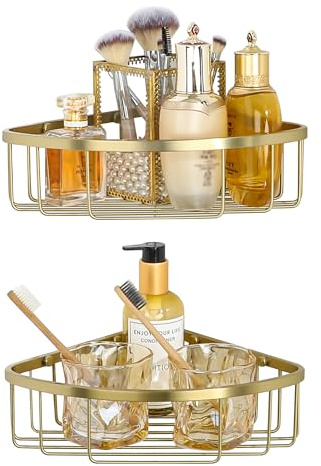 SAYAYO 2 Pack Corner Shower Caddy Shower Basket SUS304 Stainless Steel | Corner Shelf Shower Organiser Storage Wall Mounted for Bathroom, Gold & Glaze Finish, 185mm*275mm