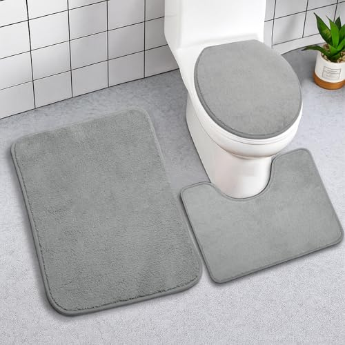 UOCAI 3 Piece Bath Mat Sets Toilet Rug Absorbent Fluffy Bath Mats for Bathroom, Square, Oval, U-Shape Shape Pedestal Mat Anti Slip Toilet Mat for Bathroom Floor, Toilet Grey